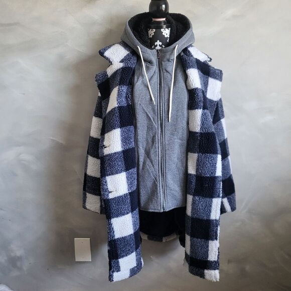 Steve Madden Navy & White Buffalo Plaid Convertible Hooded Teddy Coat Women M - Picture 1 of 16